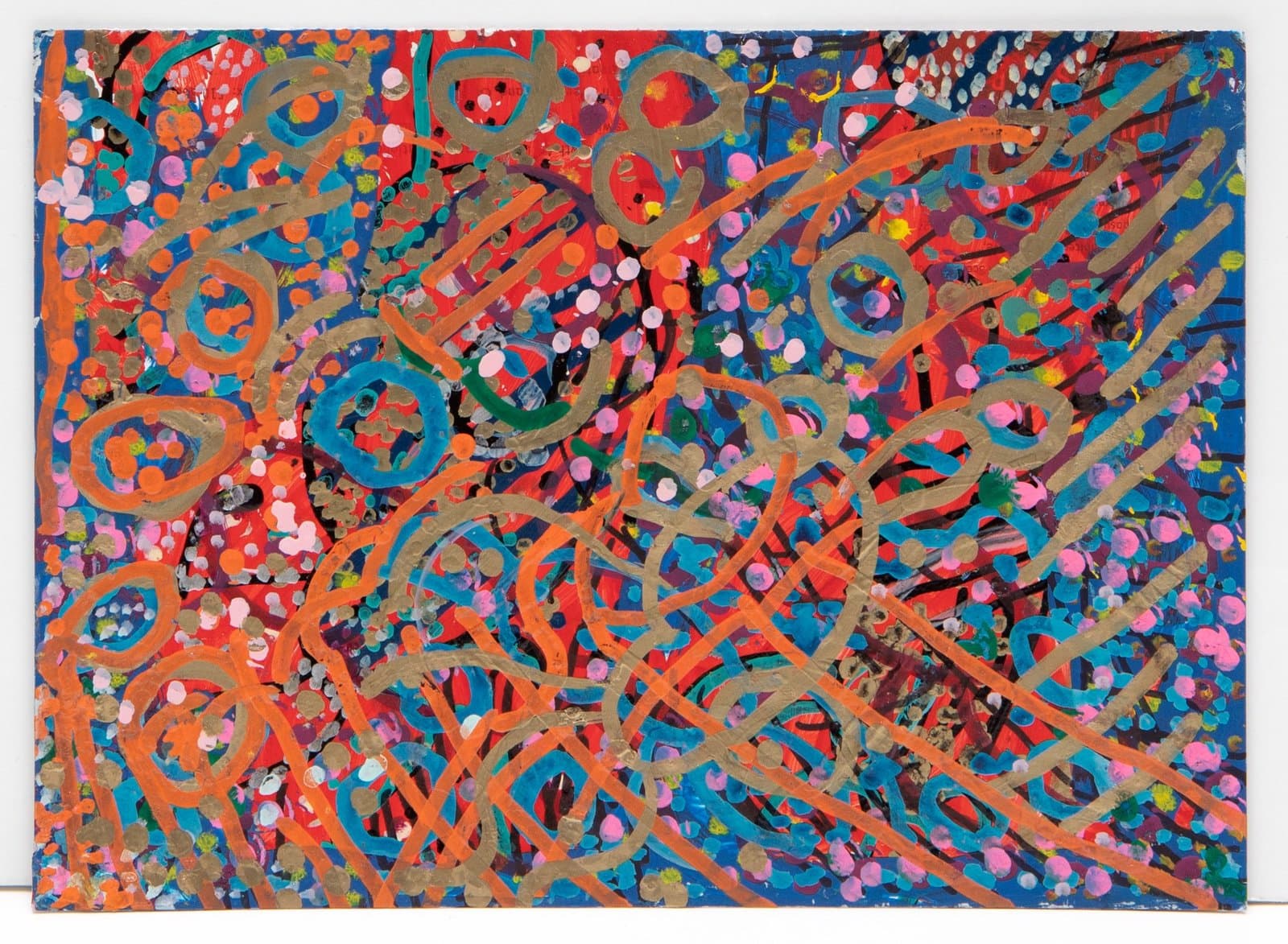 Abstract painting in acrylic with swirling orange and brown lines over colorful scattered circles on paper.