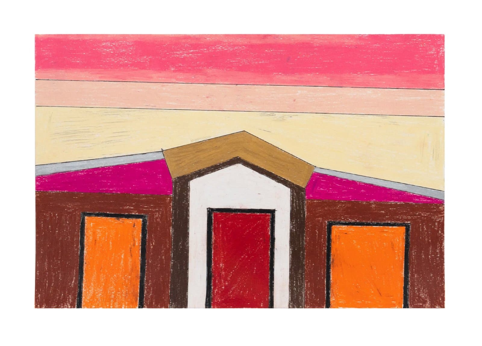 Drawing in colored pencil showing a house with peaked roof and three rectangular doors in brown, orange, and red.