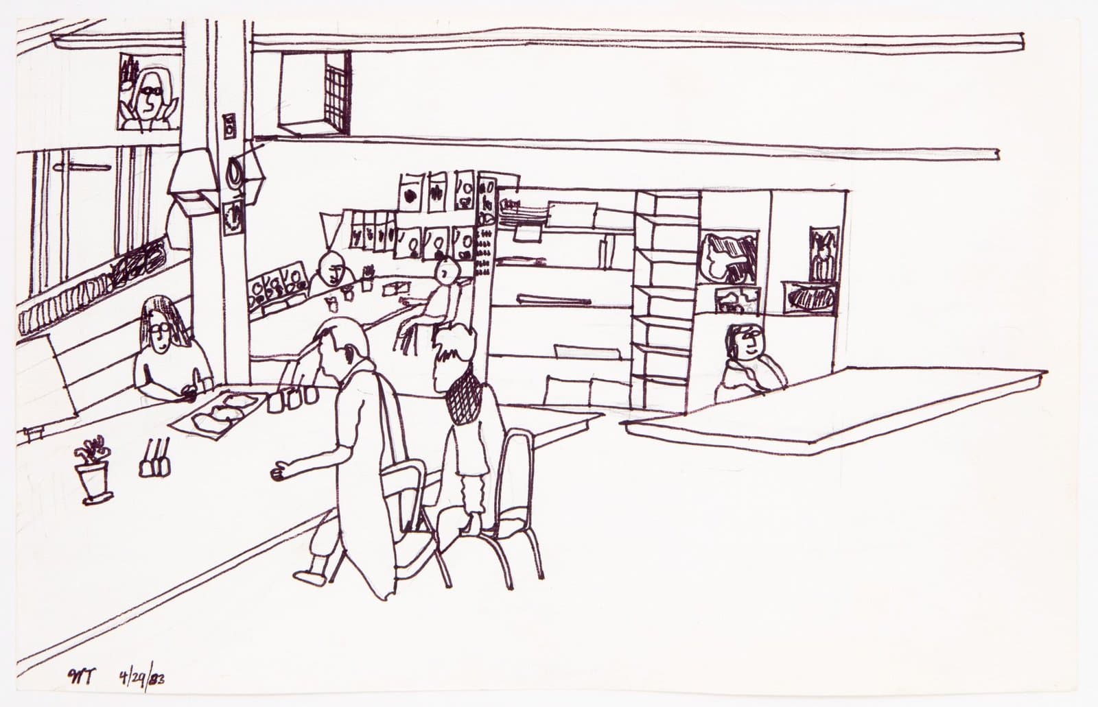 Ink drawing of office interior with multiple figures at desks and workstations, linear style on white paper