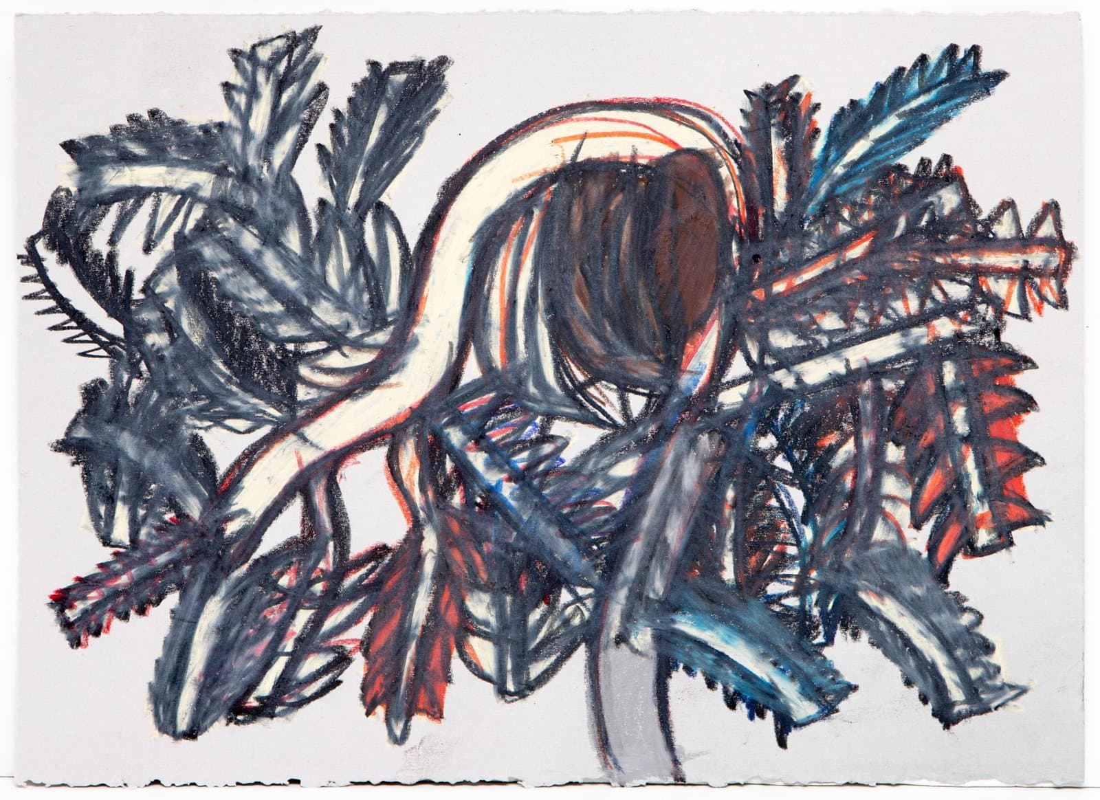 Abstract drawing in pastel with dense overlapping curved forms in blues, grays, and red accents on white paper.