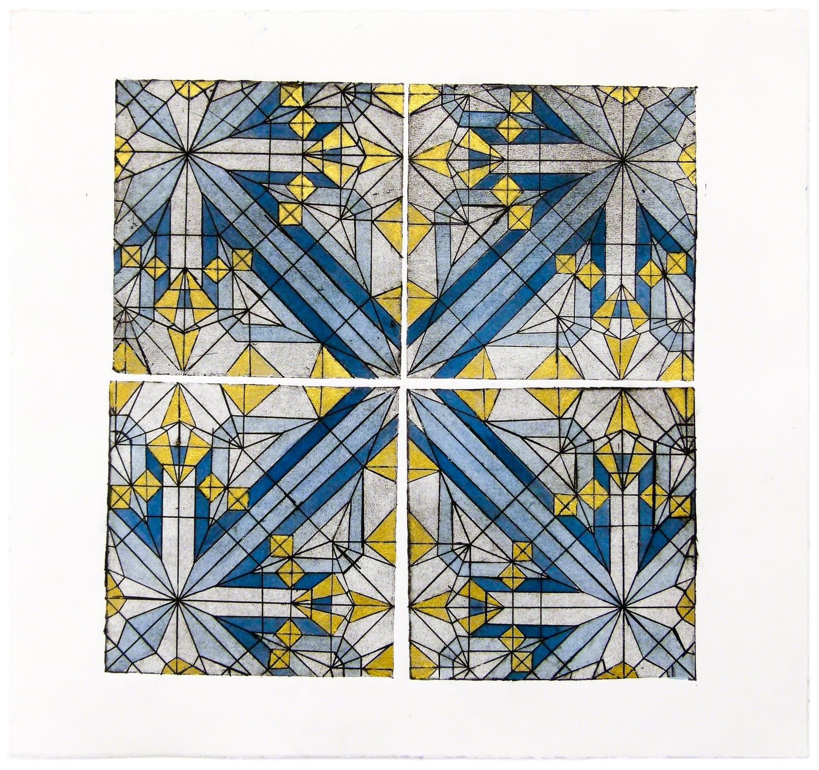 Geometric drawing in blue and yellow colored pencil, arranged as four square panels with radiating star and diamond patterns.