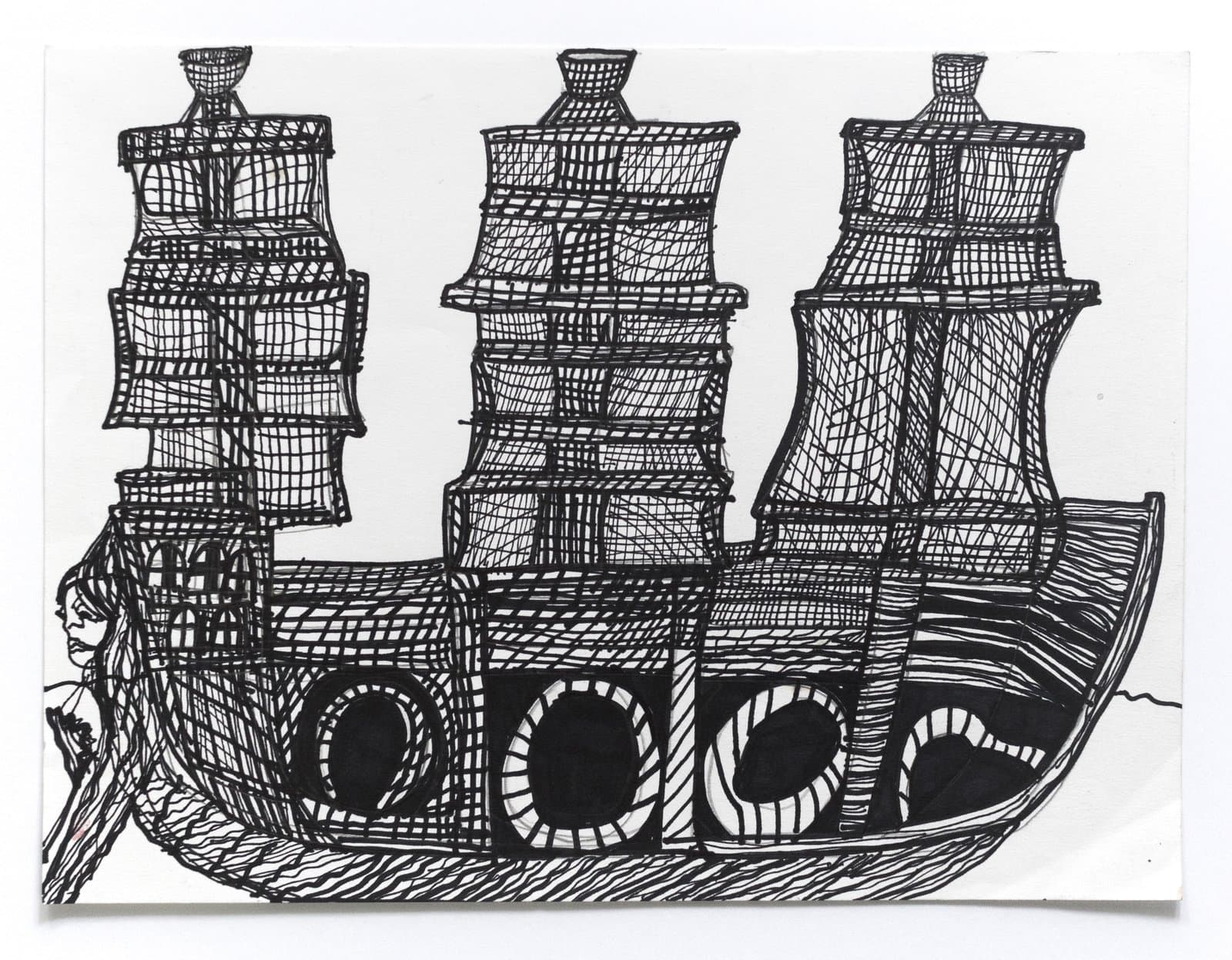 Black ink drawing of a large three-masted sailing ship with dense crosshatching and a small figure at left.