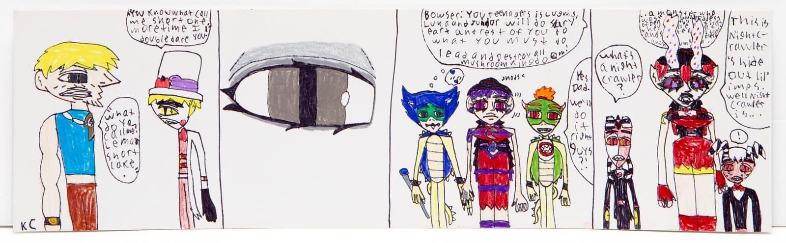 Comic-style drawing in ink and colored pencil featuring multiple cartoon characters with speech bubbles on white paper.