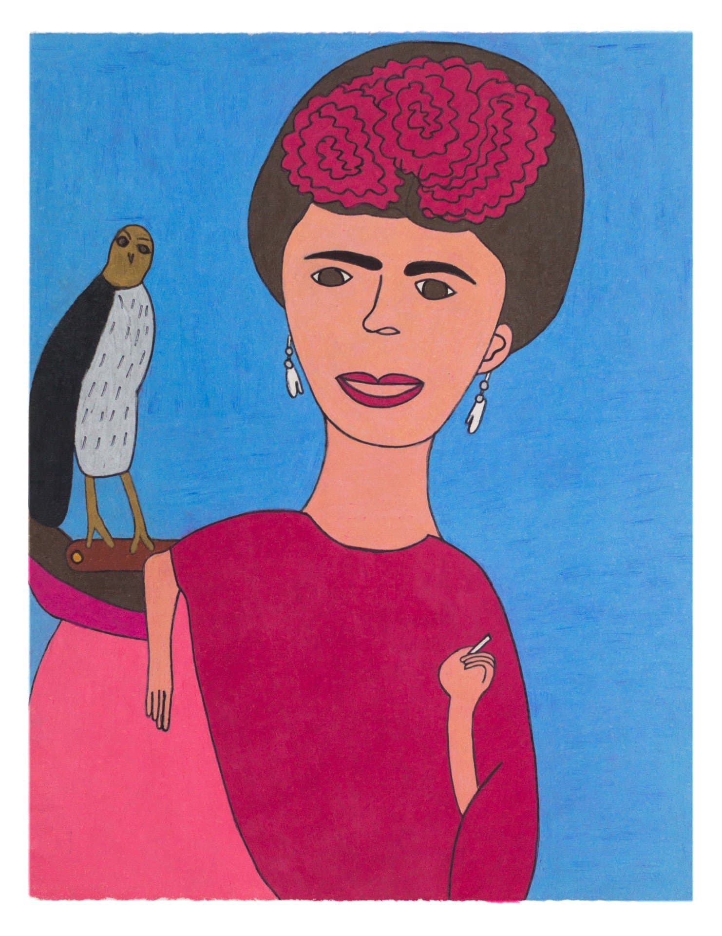 Painting of a person in pink dress with bird perched on raised arm against blue background