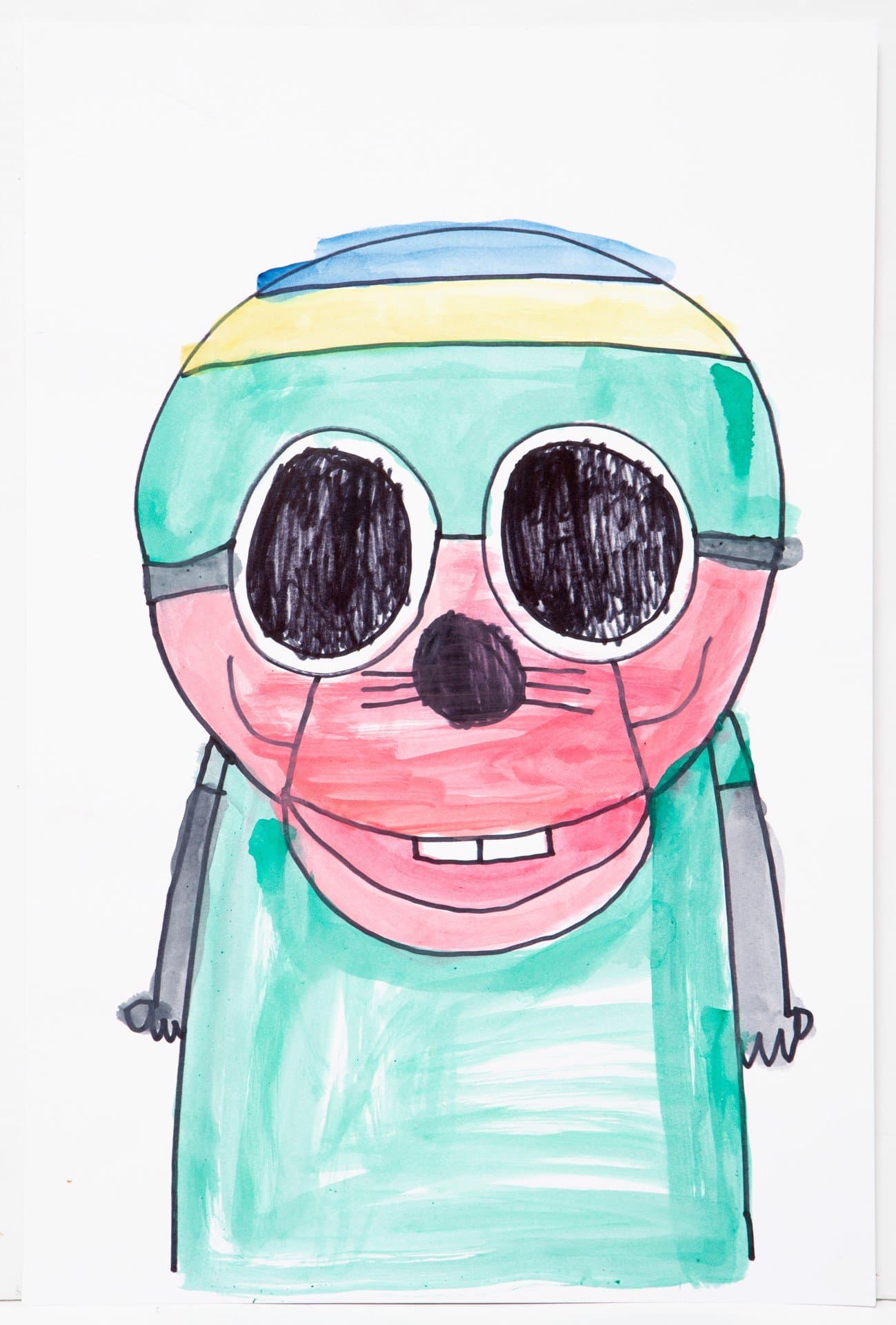 Watercolor drawing of a cartoon character with large round goggles, striped cap, and smiling face in green and pink tones.
