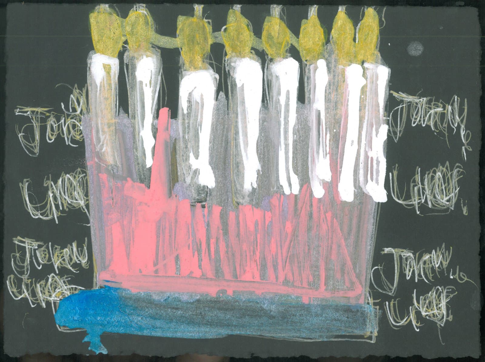 Mixed media drawing of a birthday cake with white candles and yellow flames on a dark gray background.