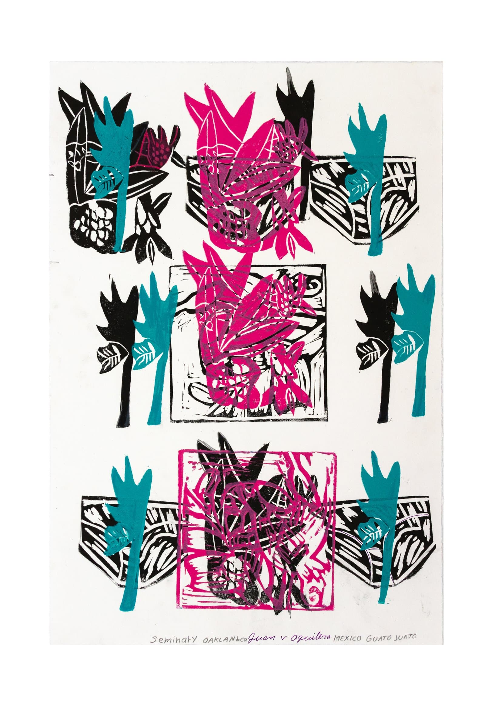Relief print with repeating floral and hand motifs in magenta, teal, and black on white paper, with handwritten text below.