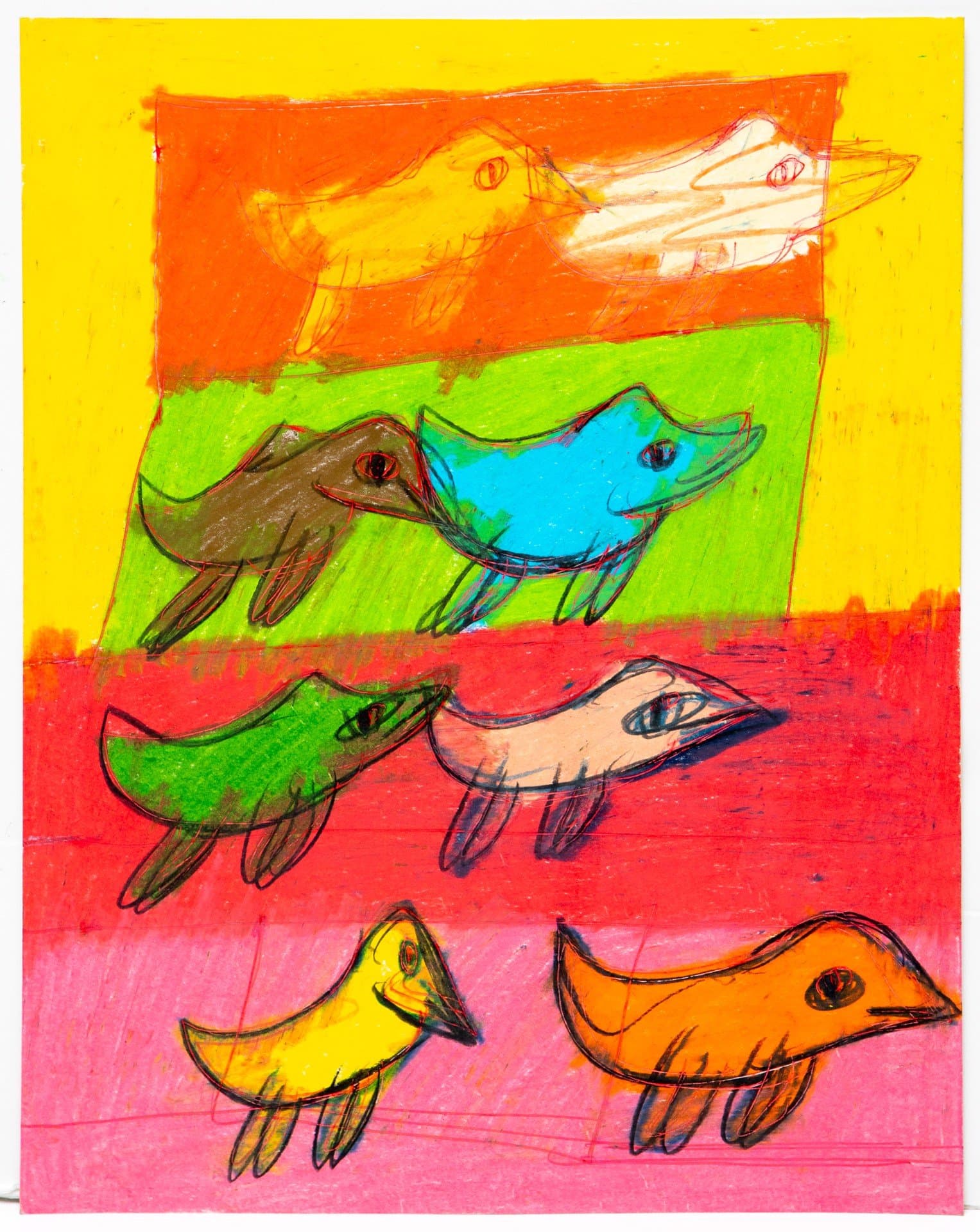 Drawing of seven bird-like figures in colored pencil arranged in horizontal bands of yellow, orange, green, red, and pink.
