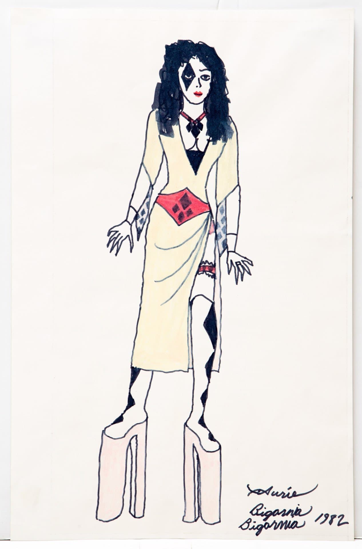 Ink drawing of standing figure with long dark hair wearing revealing clothing and platform boots on white paper
