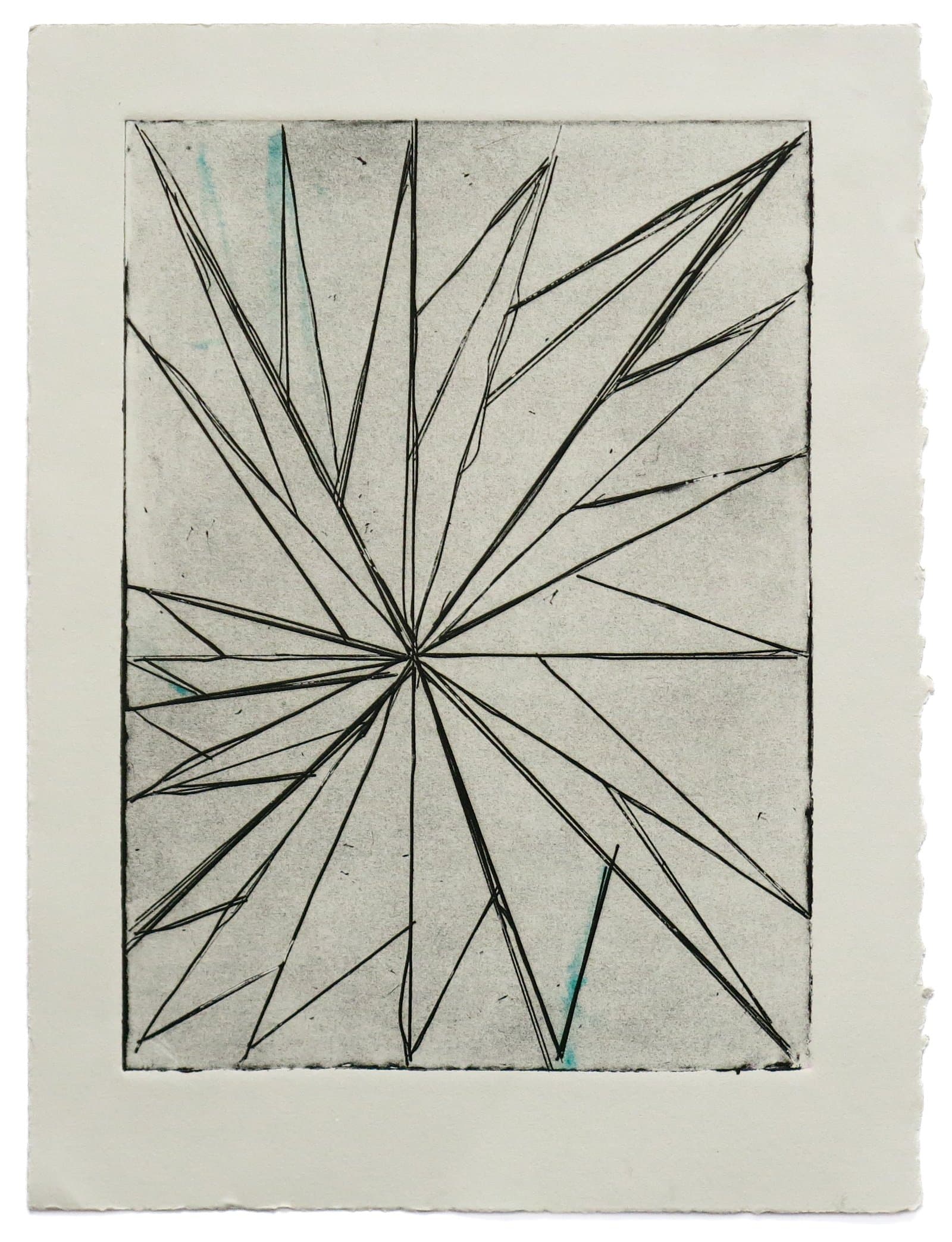 Etching on white paper featuring a radial starburst of sharp black lines converging at a central point, with teal accents.