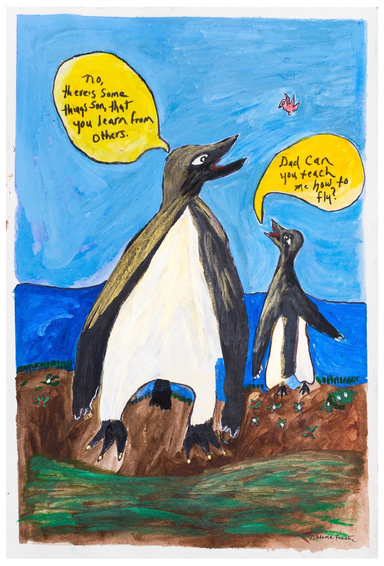 Drawing of two penguins with speech bubbles in colored pencil and ink, featuring black and white birds on brown ground.