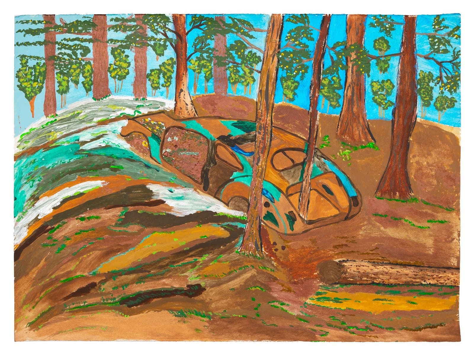 Acrylic painting on paper depicting a forest scene with large rocks, tree trunks, and bright turquoise accents