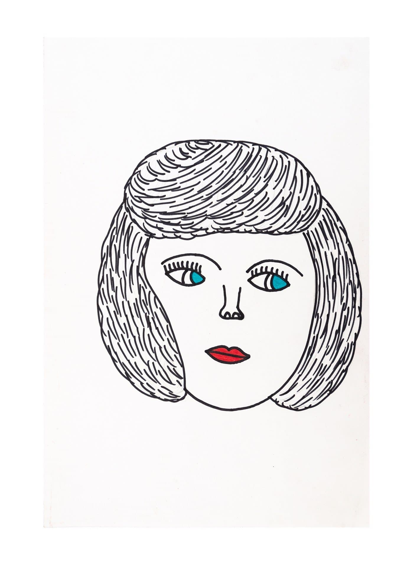 Ink drawing of stylized face with bob haircut, blue eyes, and red lips on white paper