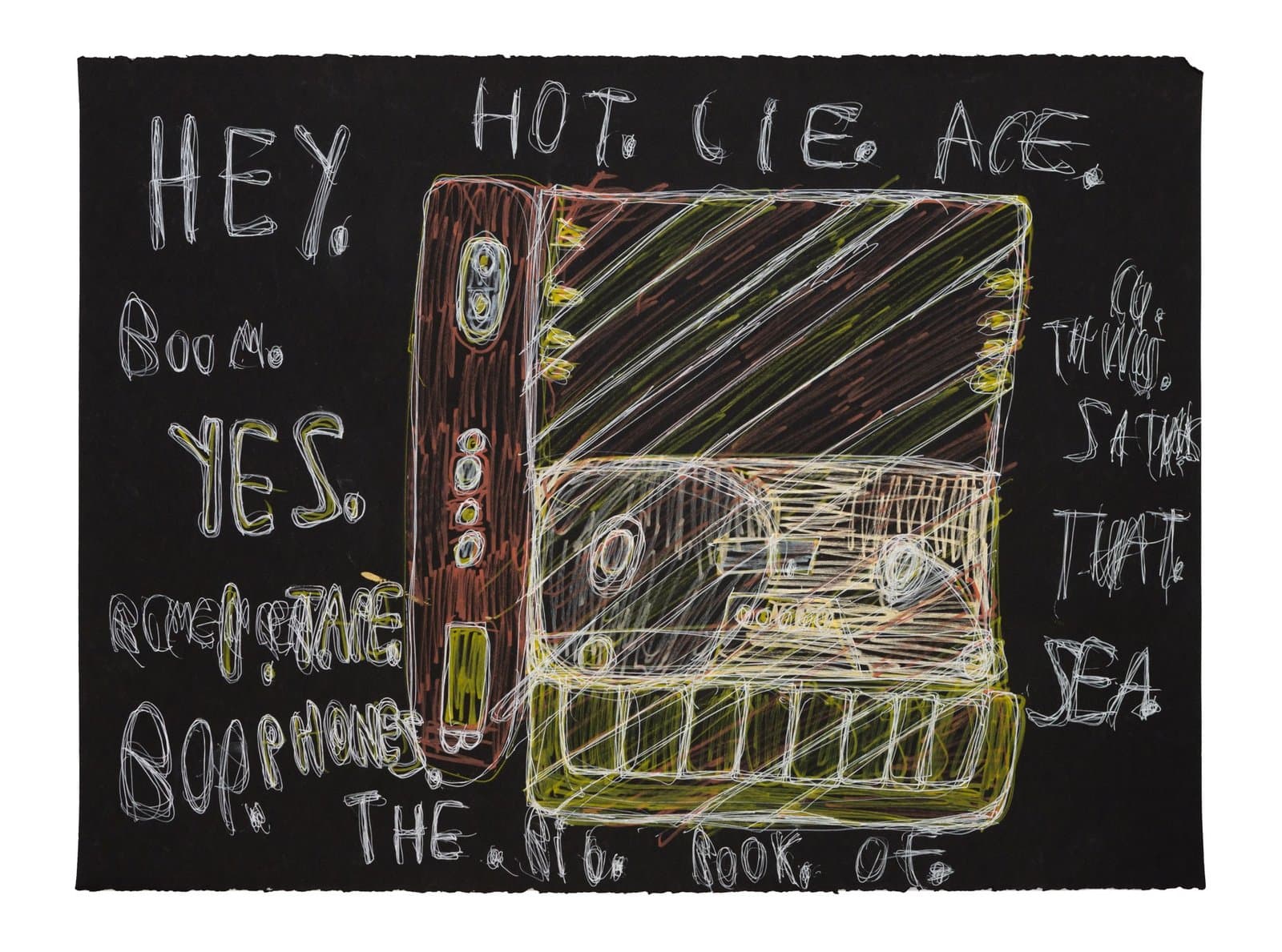 Drawing of vintage television set with handwritten text on black background, acrylic and ink on paper