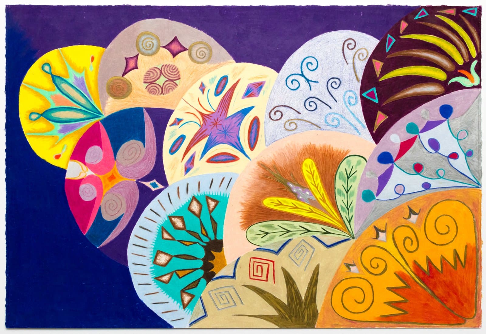 Colorful drawing of overlapping circular and oval forms filled with decorative botanical and geometric patterns on purple background.