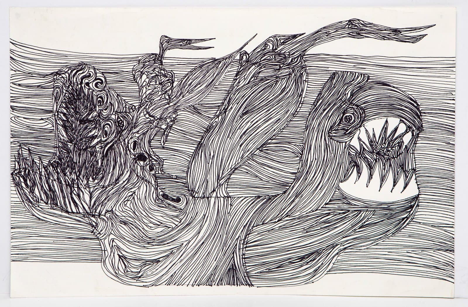 Black ink drawing on white paper showing flowing, organic forms with intricate line work and swirling patterns
