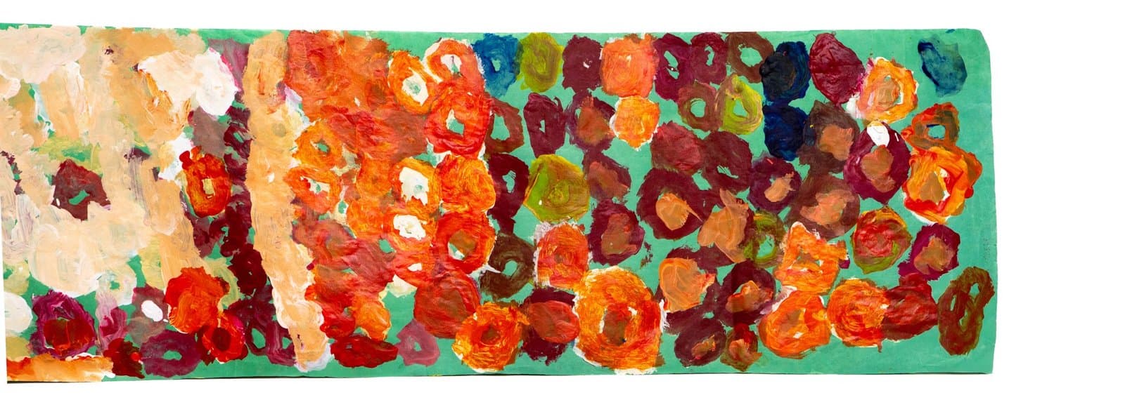 Abstract painting in acrylic with densely packed circular forms in red, orange, and burgundy on green background.