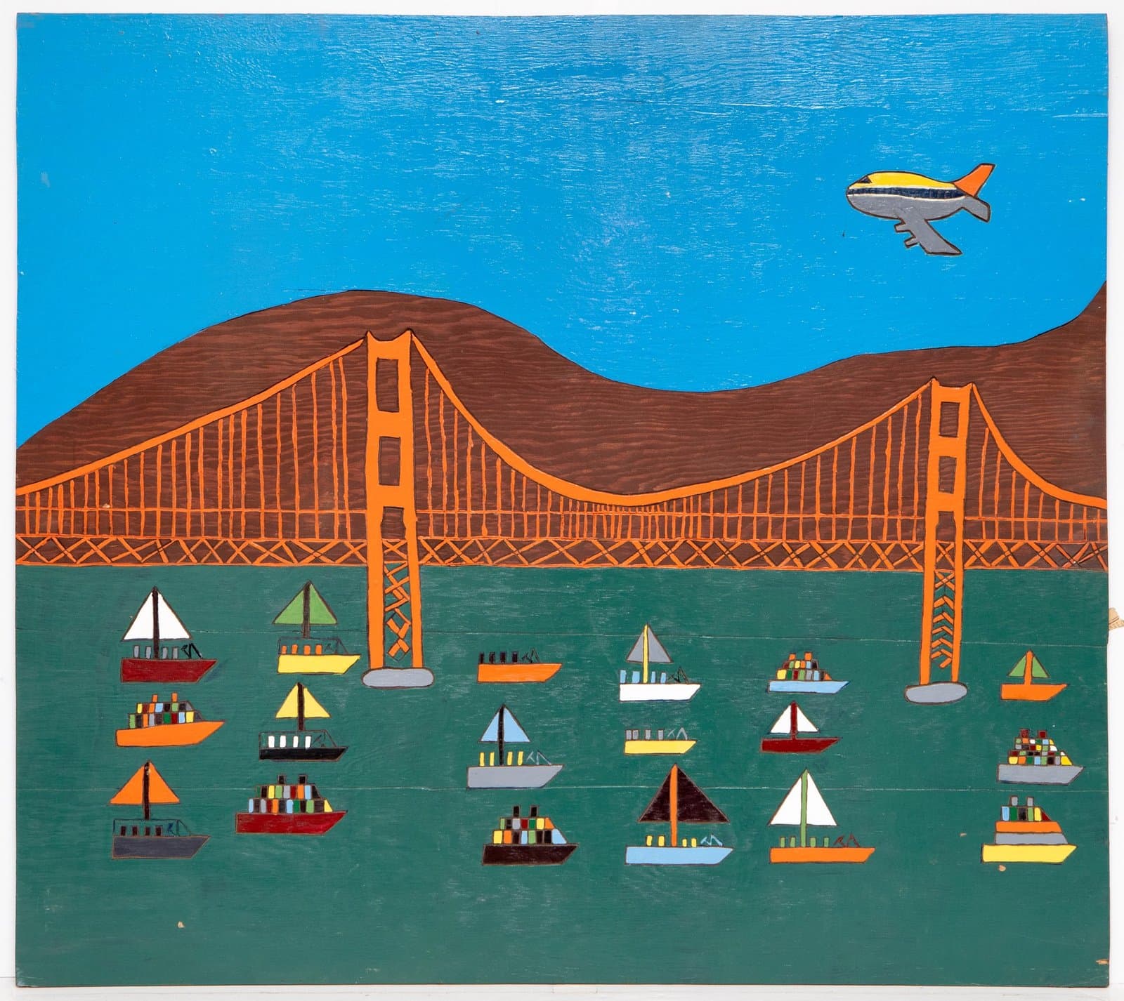 Acrylic painting on wood depicting Golden Gate Bridge with boats in harbor and airplane in blue sky