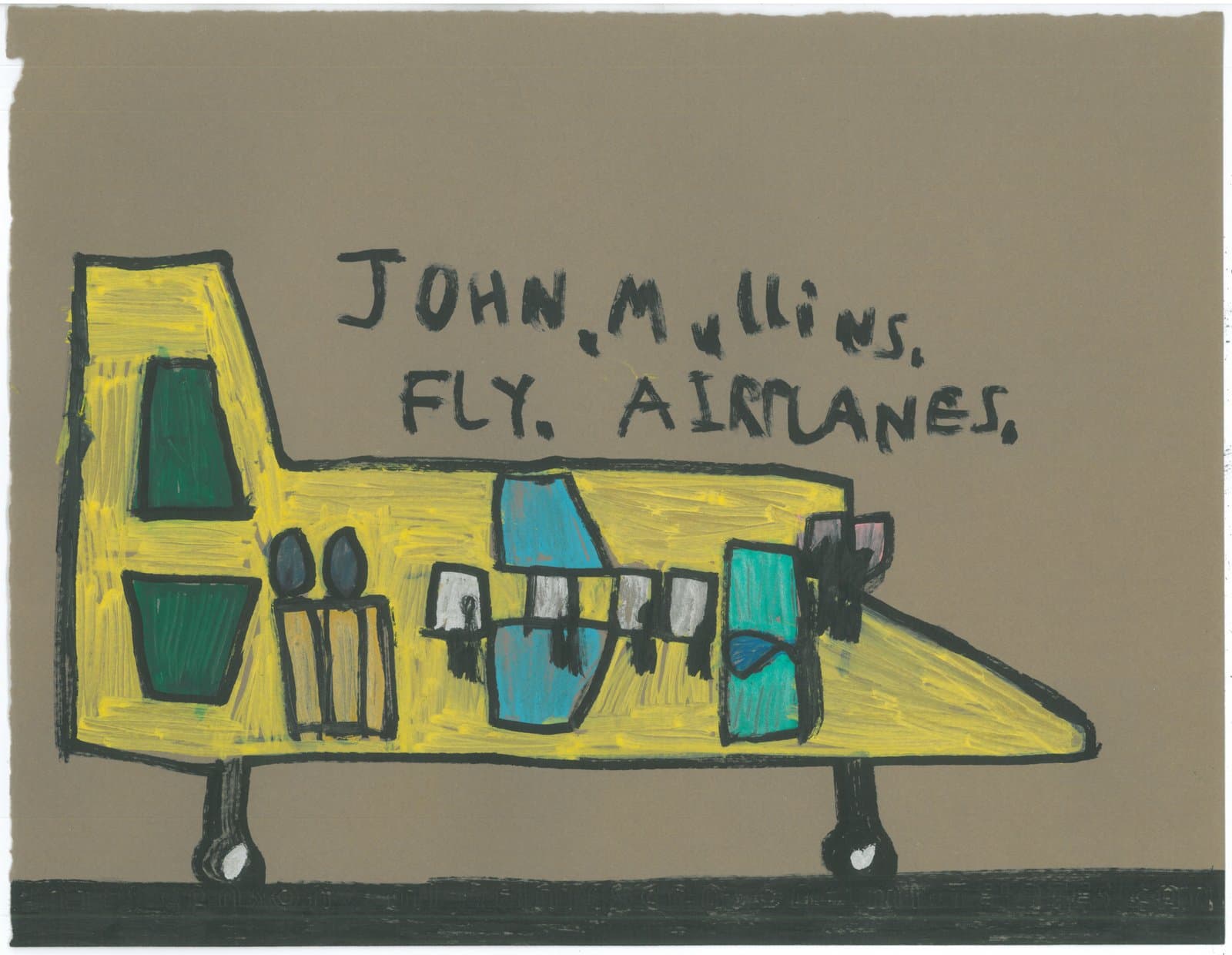 Marker drawing of a yellow airplane with green and blue windows on tan paper, with text reading 'JOHN MULLINS FLY AIRPLANES.'
