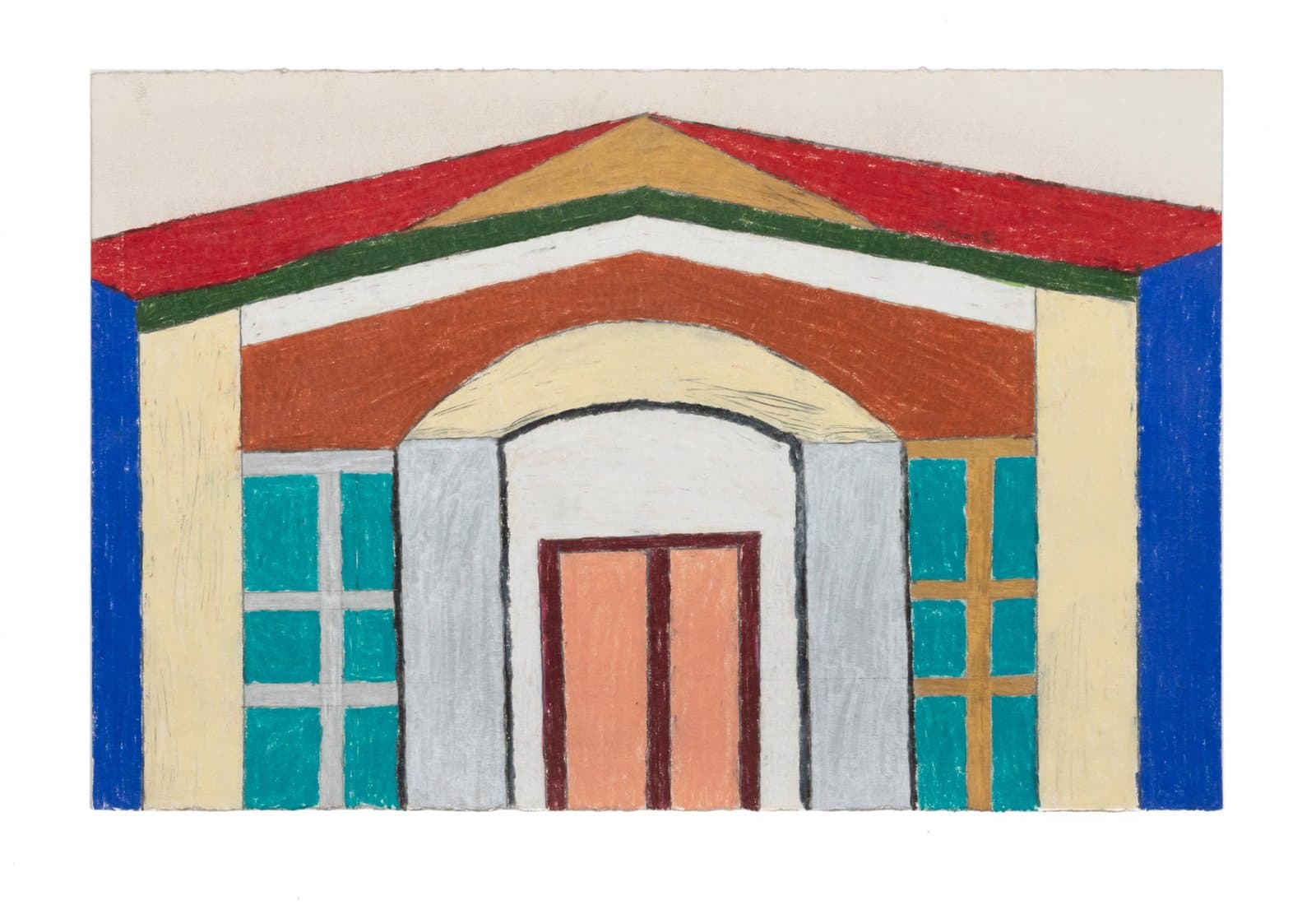 Colored pencil drawing of a house facade with geometric stripes and arched doorway in bright colors