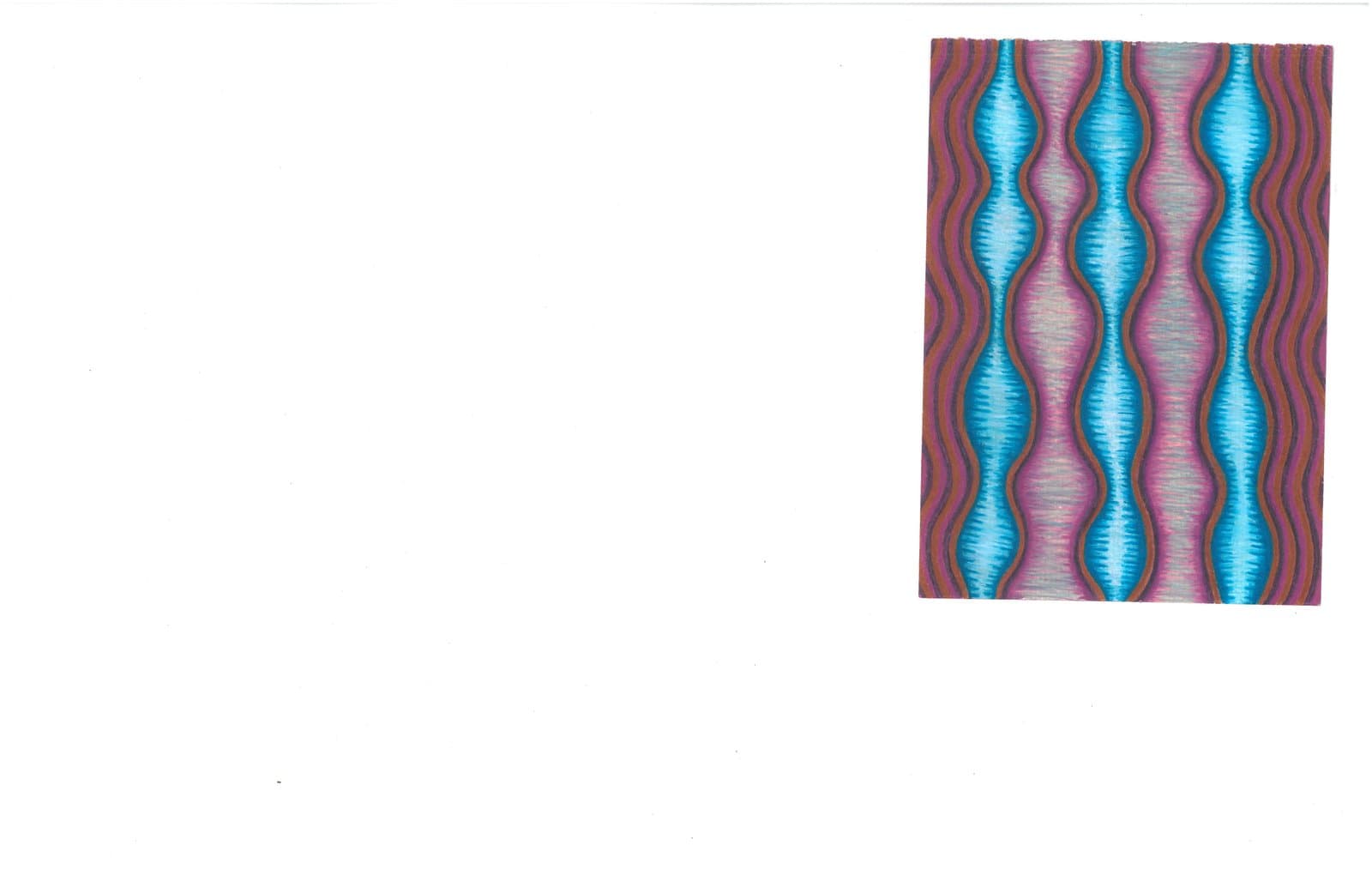 Abstract drawing with repeating vertical wavy columns in cyan, mauve, and brown rendered in colored pencil.