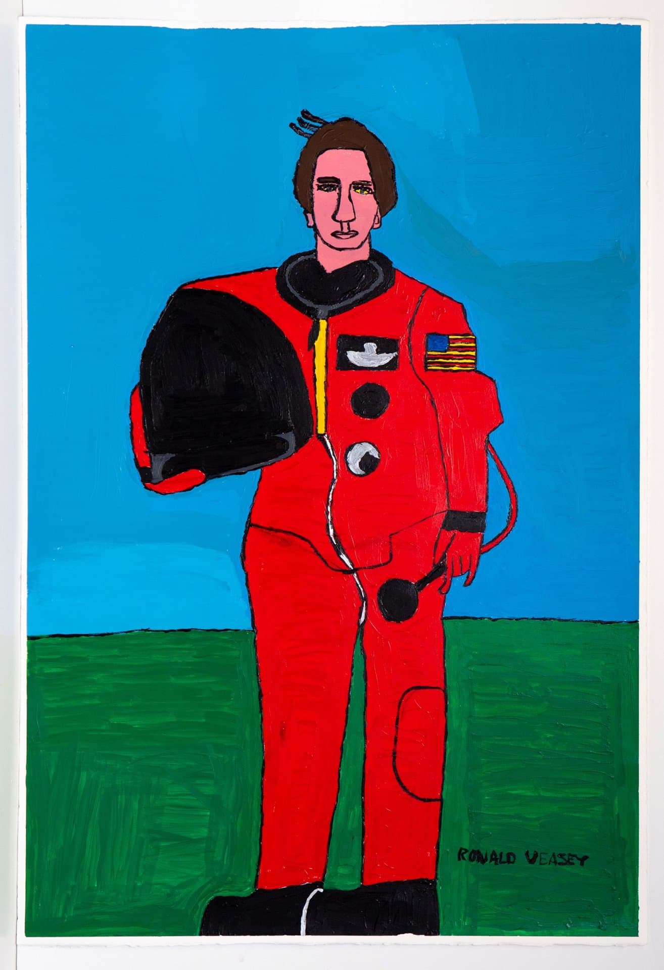 Figurative painting in acrylic showing an astronaut in a red spacesuit holding a black helmet against blue and green background.