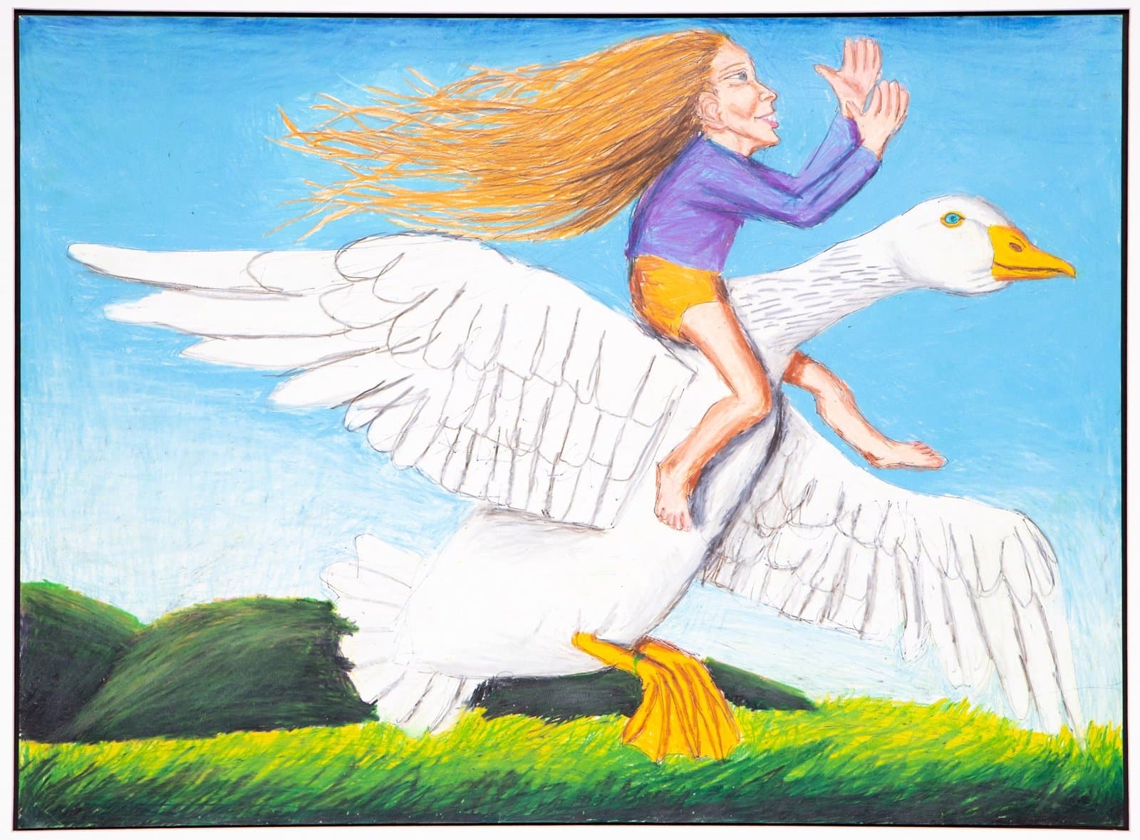 Pastel drawing of a figure with flowing orange hair riding a white goose in flight over green landscape