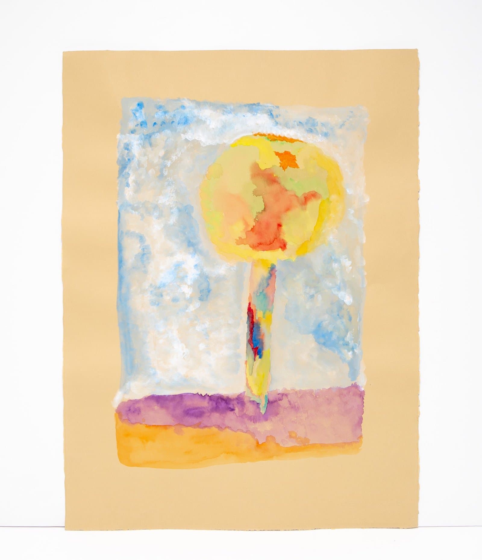 Watercolor painting of bright yellow circular form on vertical stem against blue cloudy sky and purple-orange ground