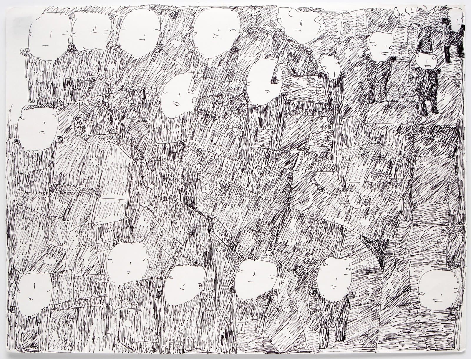 Pen and marker drawing featuring multiple circular faces with geometric bodies arranged in dense crosshatched composition