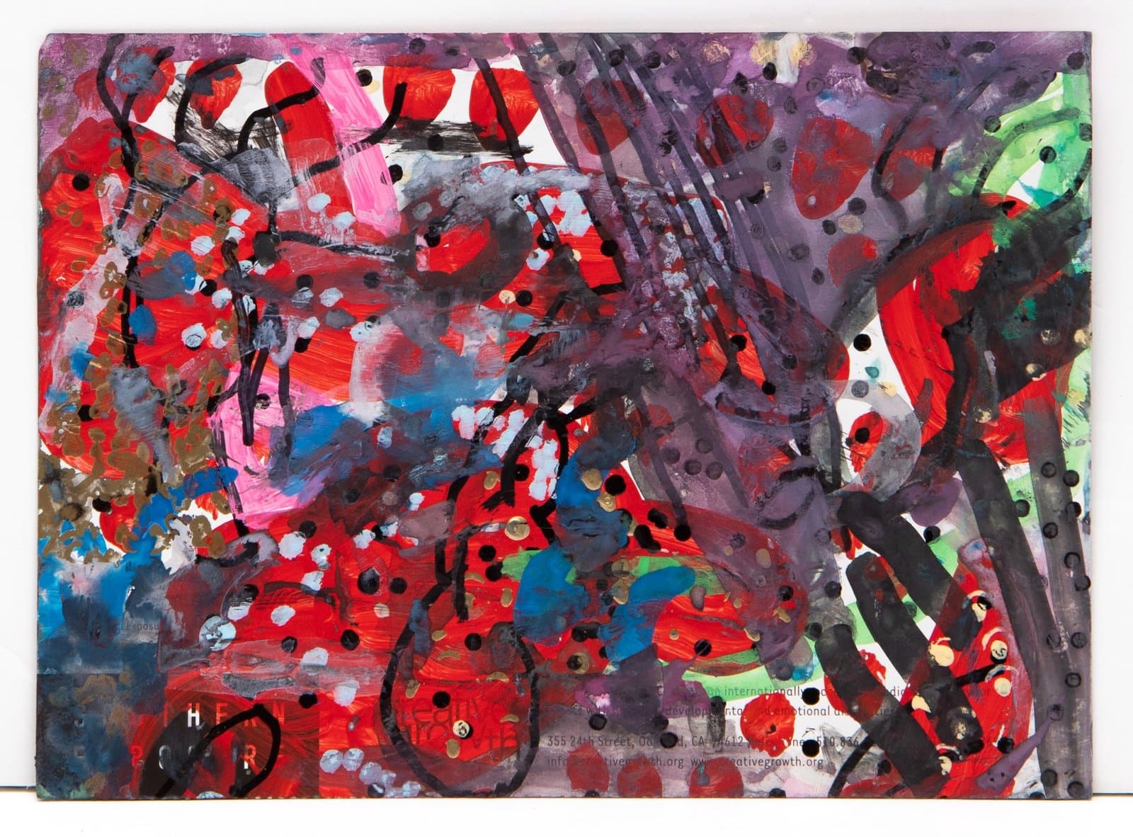 Abstract painting in acrylic with energetic brushstrokes in red, purple, blue, and green with black linear elements on paper.