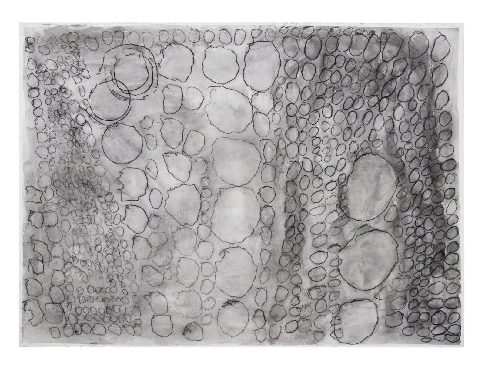 Abstract drawing in ink featuring dense clusters of circular and oval forms in varying sizes across white paper.
