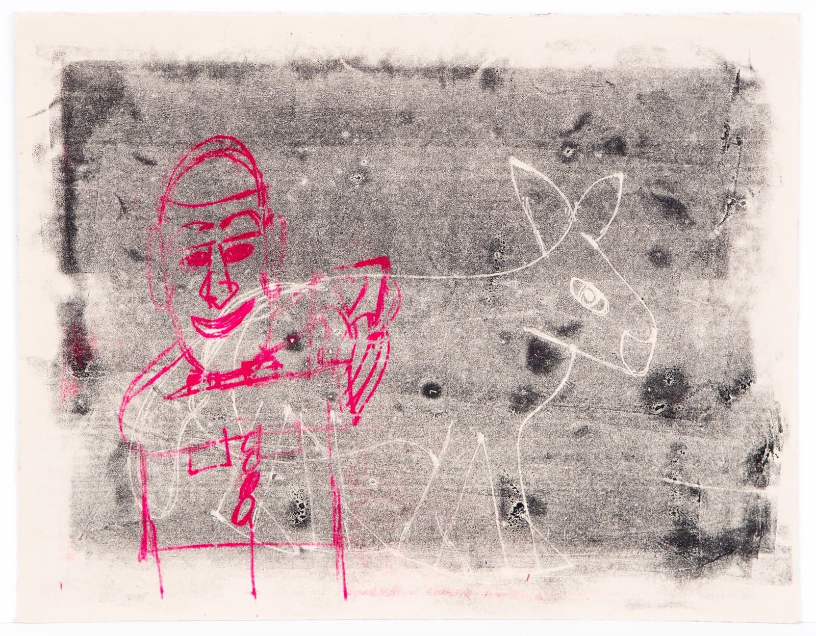 Mixed media drawing with bright pink figurative forms and white linear elements on mottled gray and black background.
