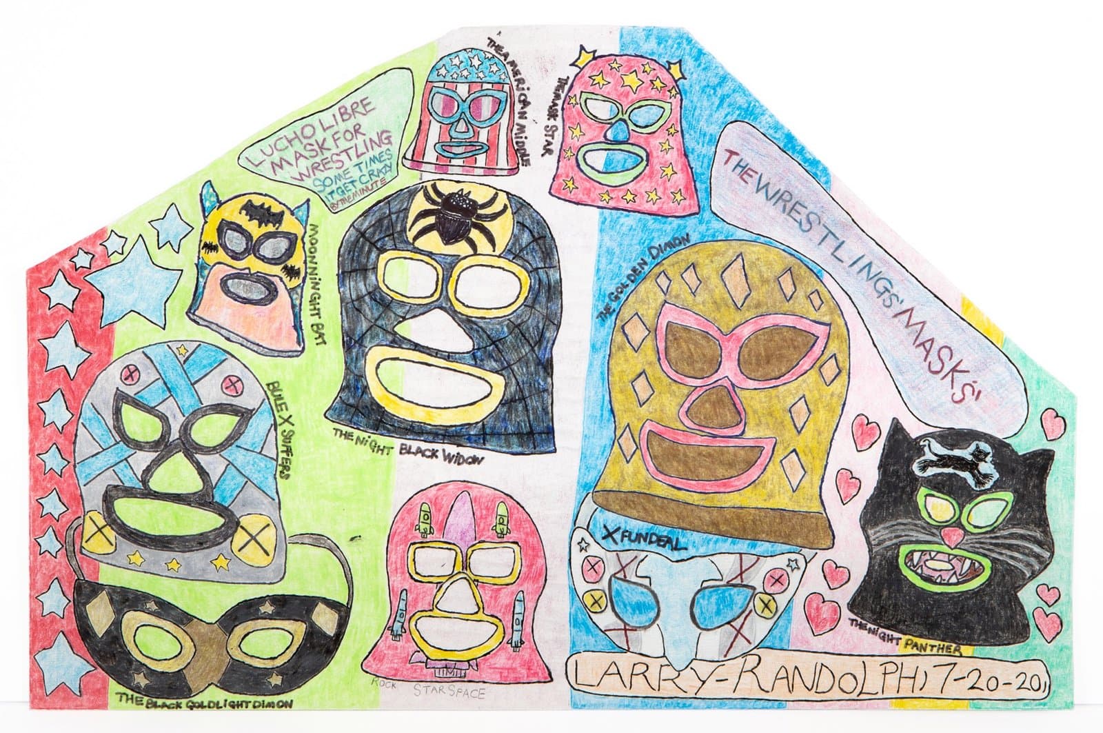 Drawing of colorful wrestling masks arranged in a collage-like composition, colored pencil and ink on paper