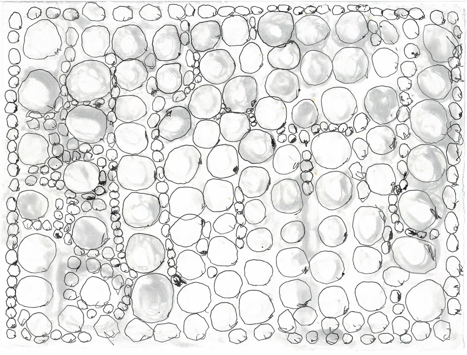 Abstract drawing with densely packed circular and oval forms in black ink and gray wash on white paper.