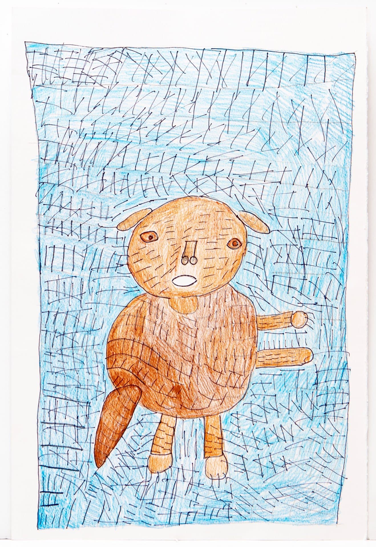 Drawing of an orange dog-like figure with cross-hatching texture on blue scribbled background in colored pencil and marker.