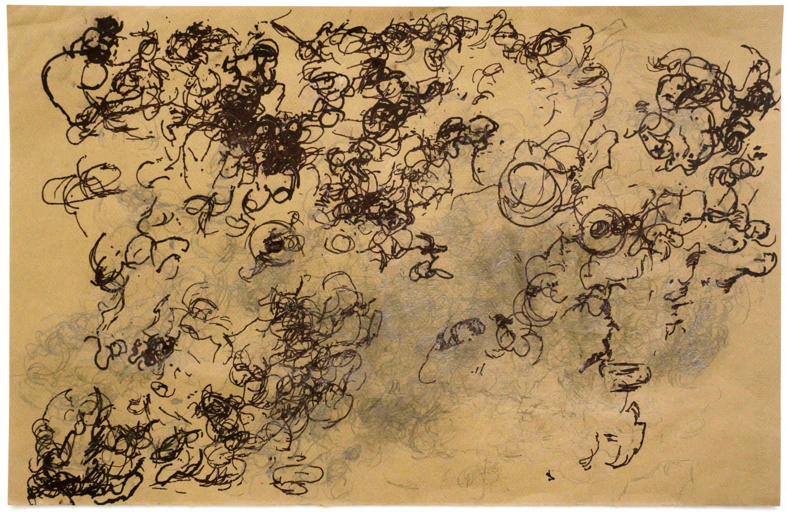 Abstract ink drawing with dense black looping scribbles and faint blue-gray washes spread across aged yellow paper.
