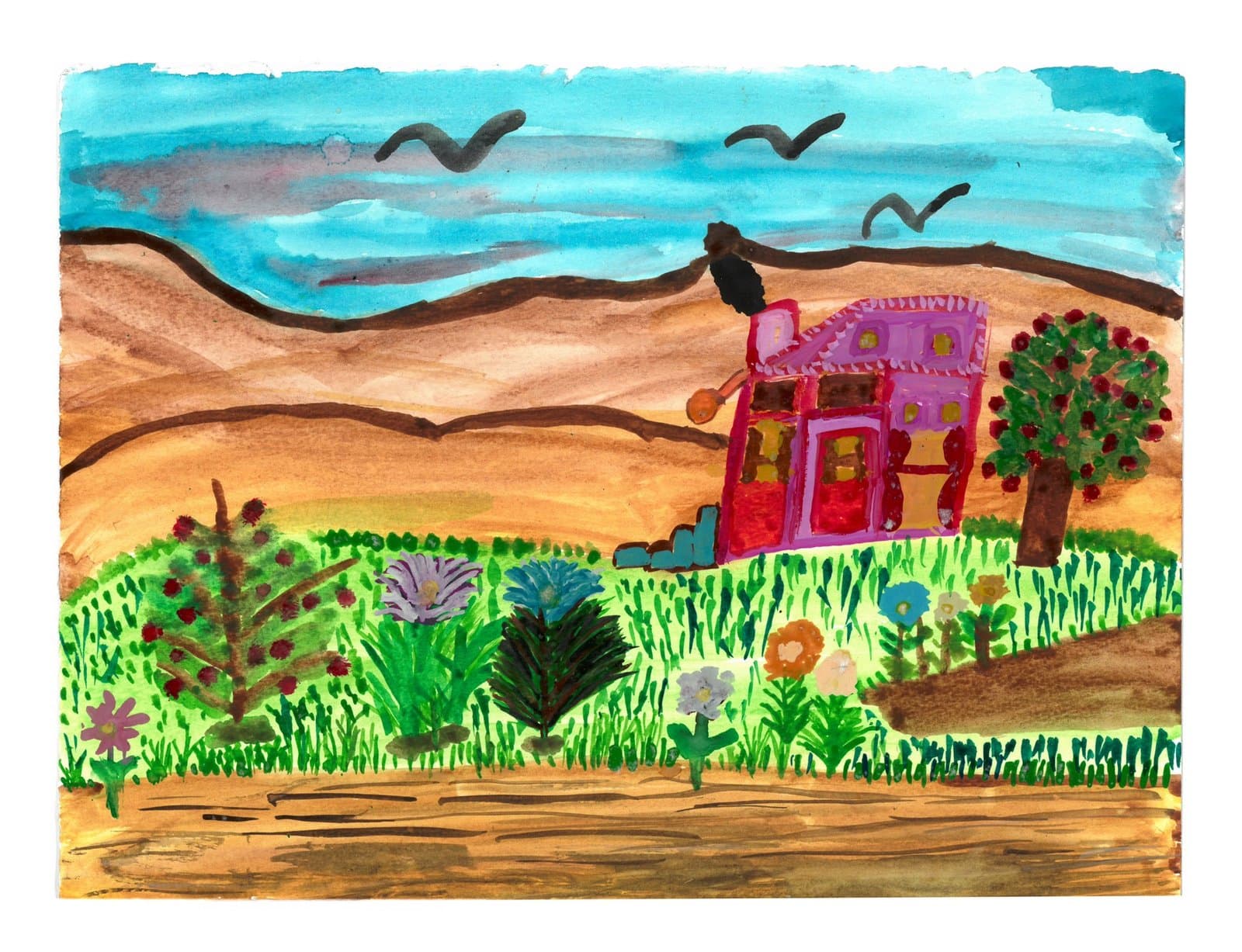 Watercolor and ink landscape with pink house, green vegetation, rolling hills, and blue sky with birds on paper.