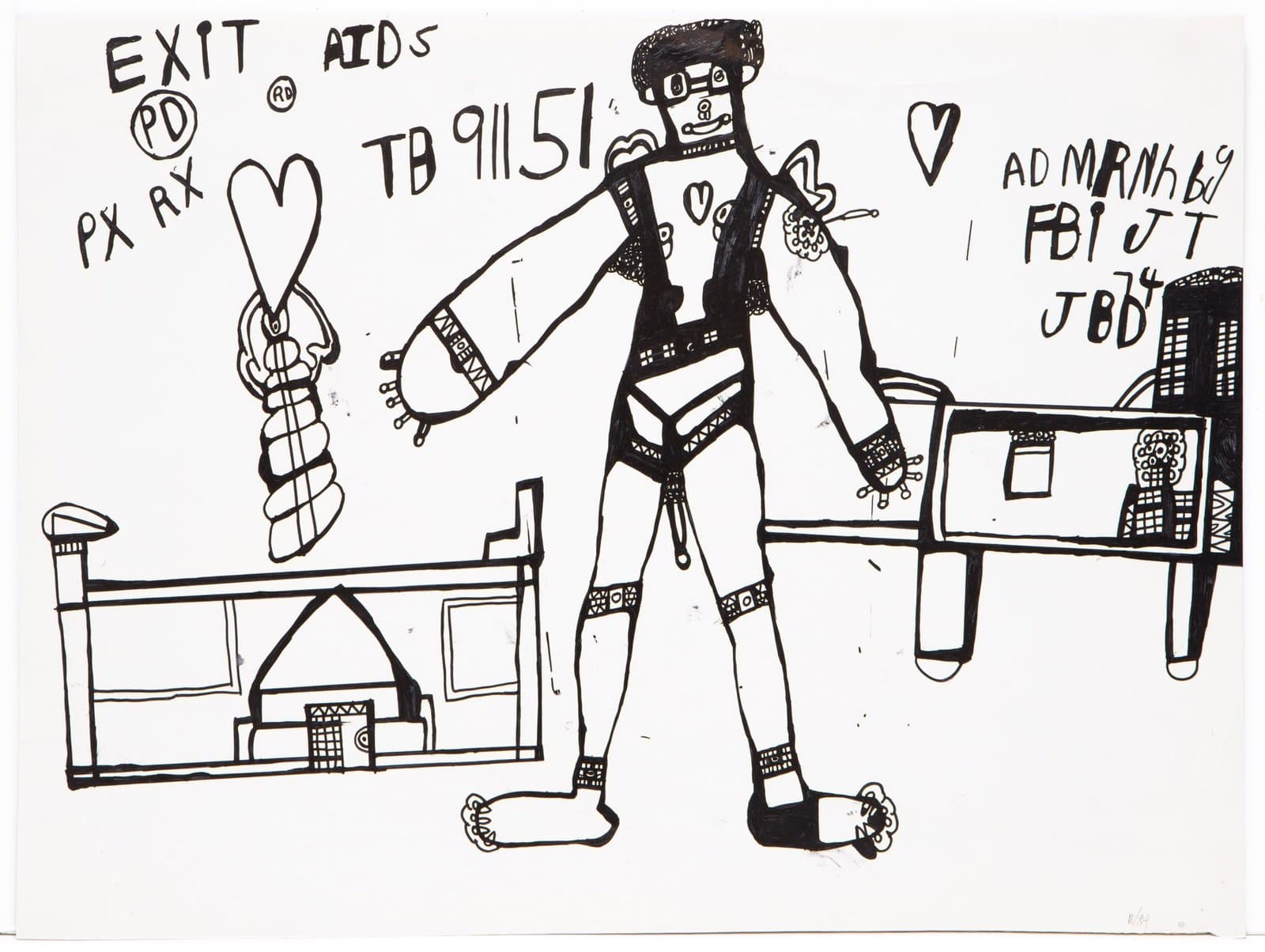 Black ink drawing of a standing figure in leather outfit with text and furniture elements on white paper.