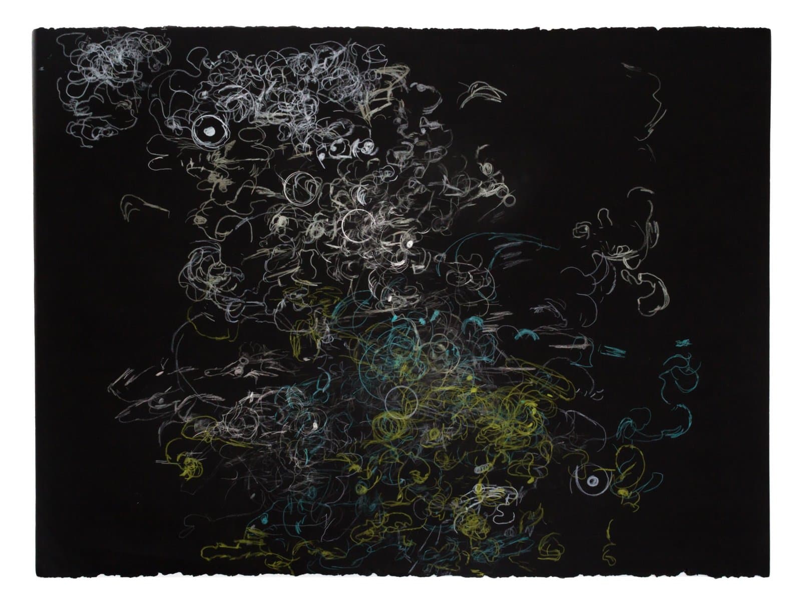 Abstract drawing with swirling linear forms in white, yellow, and blue on black paper