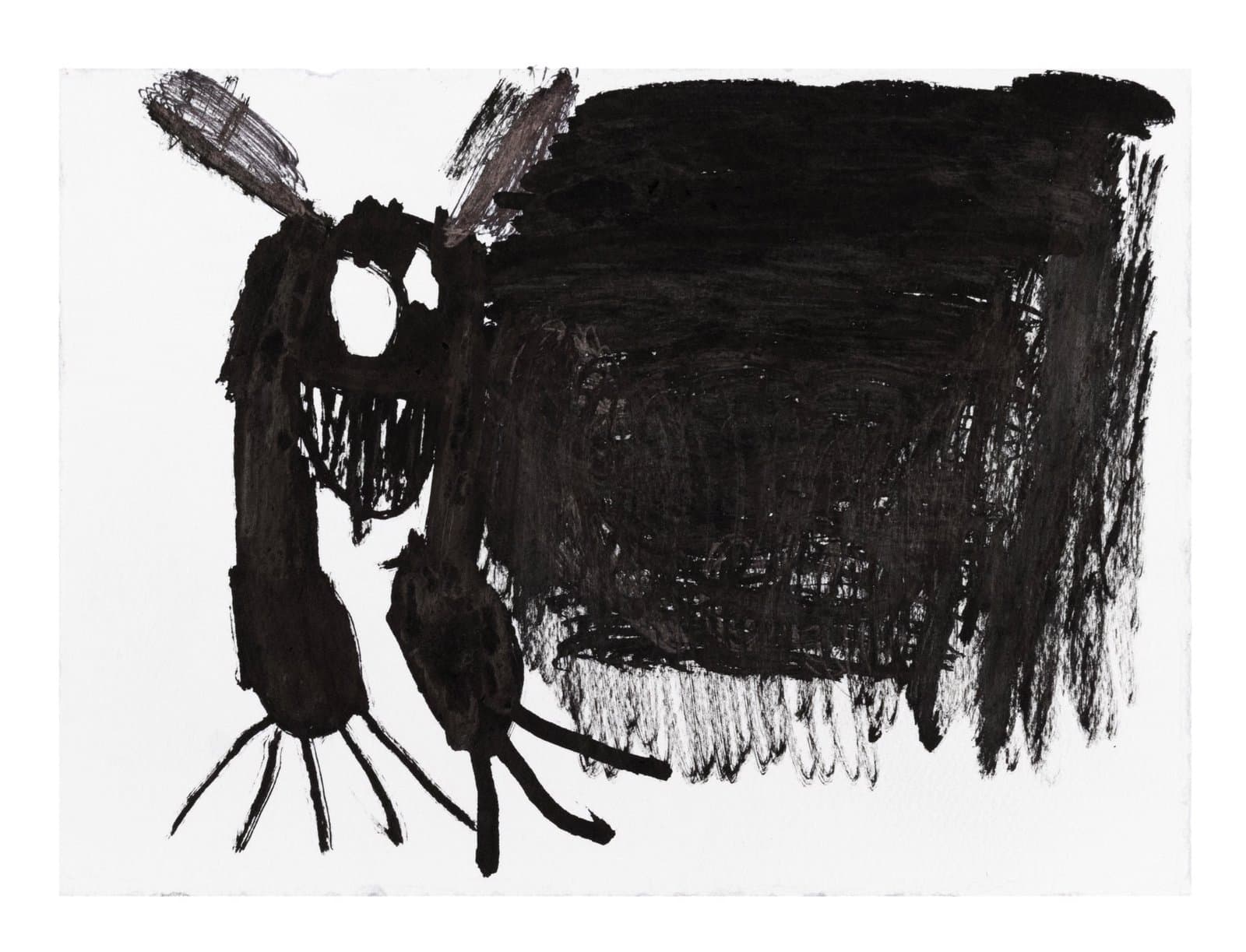 Black ink drawing on white paper showing an abstract creature-like form with angular features and protruding elements