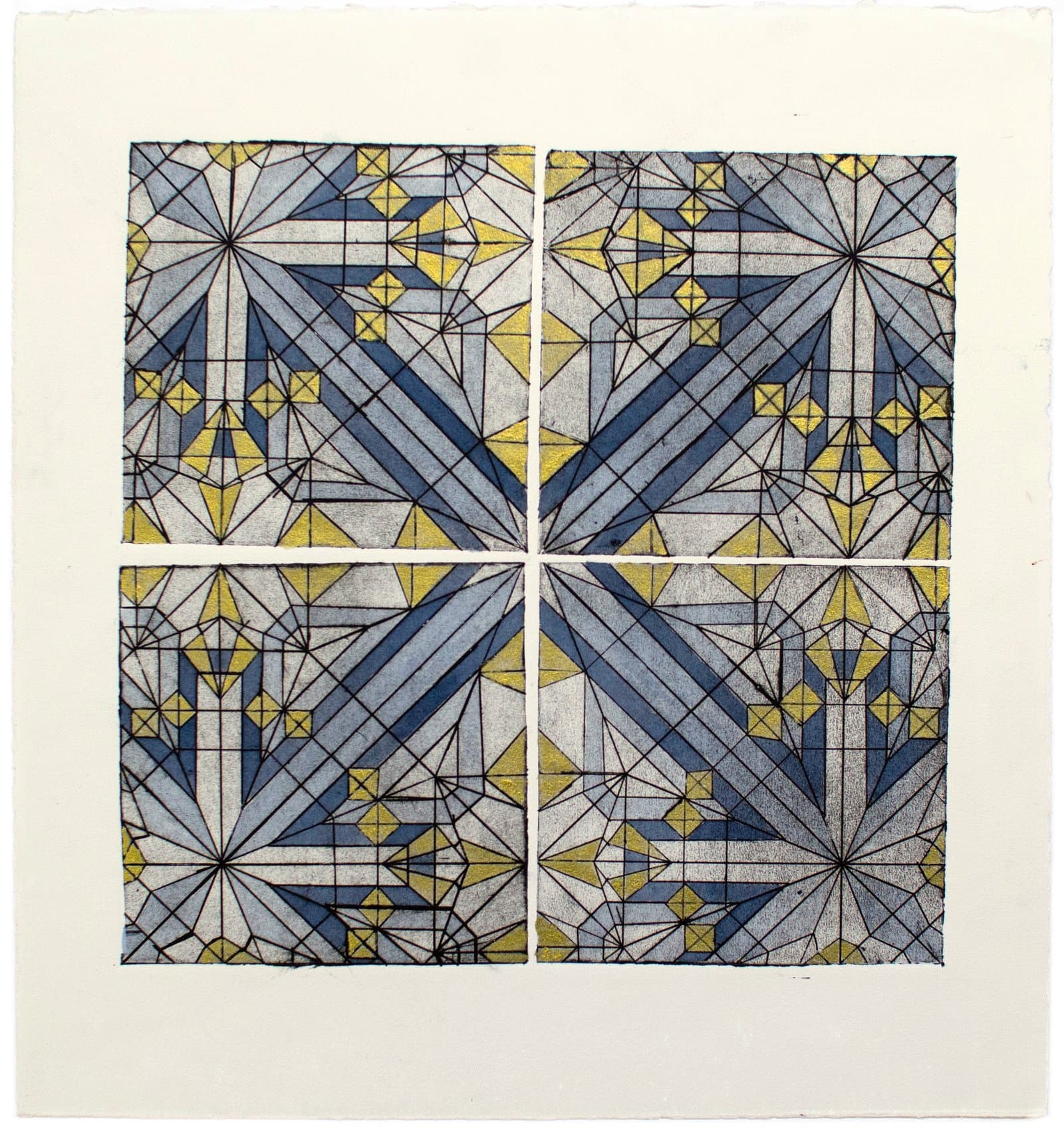 Grid of four geometric prints in blue, yellow, and gray featuring radiating star and diamond patterns on white paper.