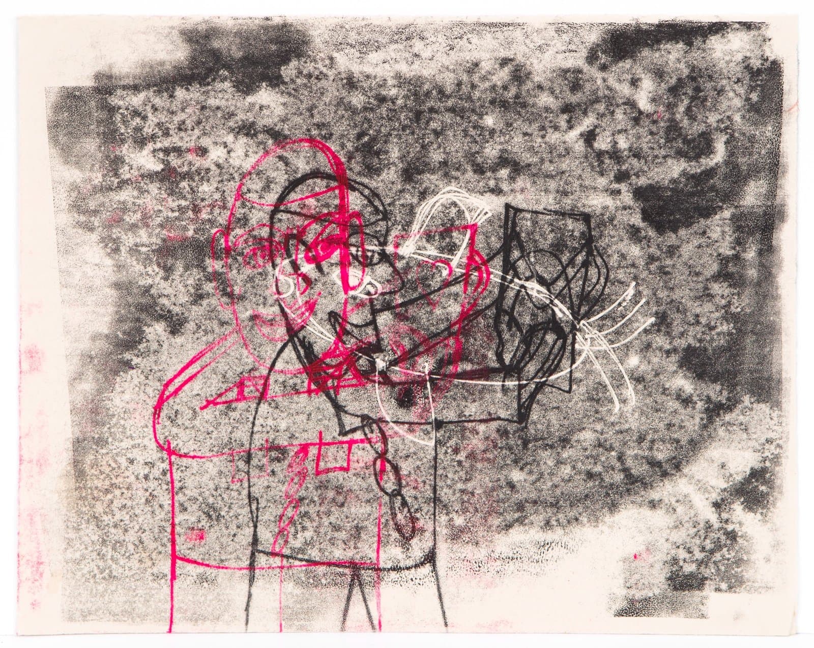 Mixed media drawing with charcoal background and bright pink line drawings of two embracing figures on white paper.