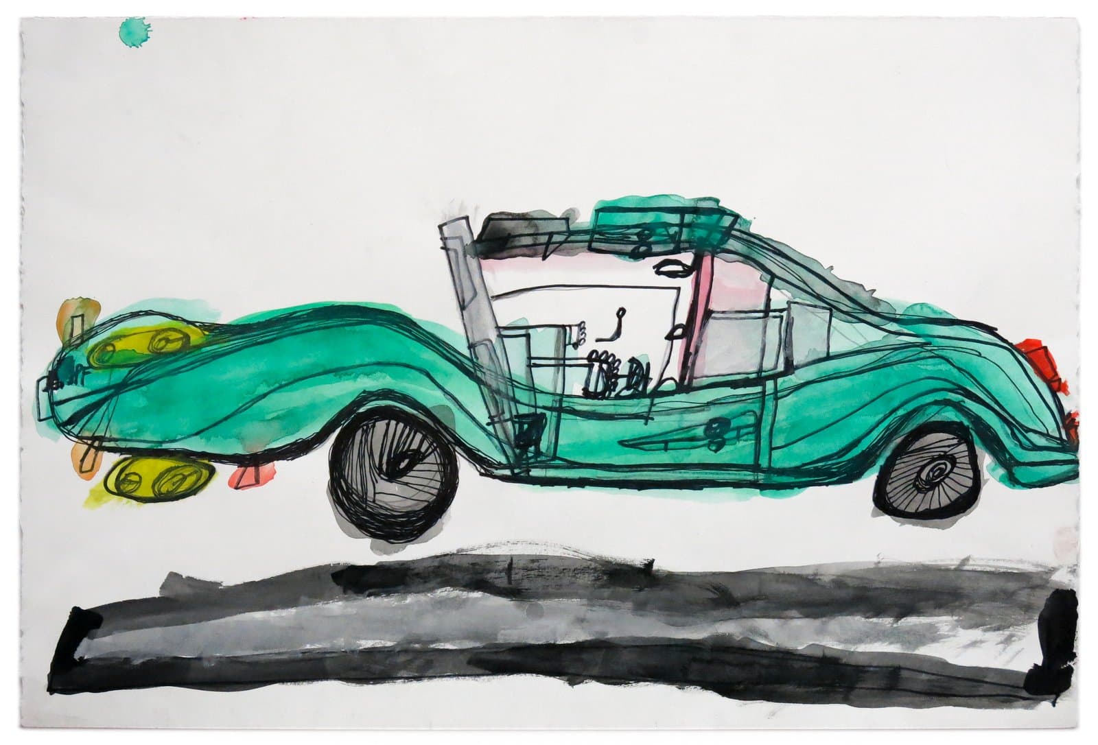Drawing of a green vintage car in ink and watercolor with black road below, on white paper.