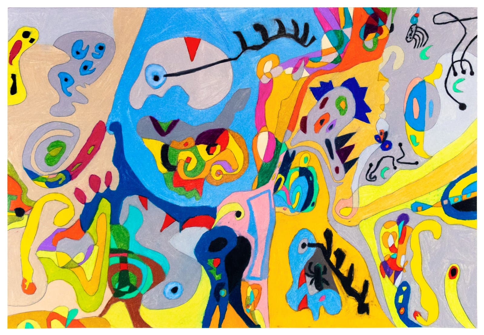 Densely packed abstract colored pencil drawing with biomorphic forms in yellow, blue, gray, and red on paper.