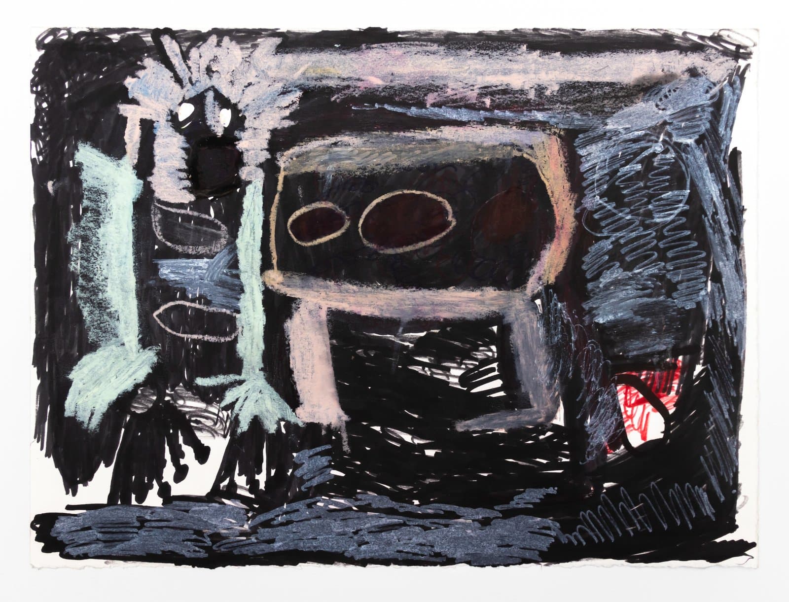 Pastel and ink drawing featuring a dark interior scene with a boxy central form with two oval openings, in black, gray, and blue.