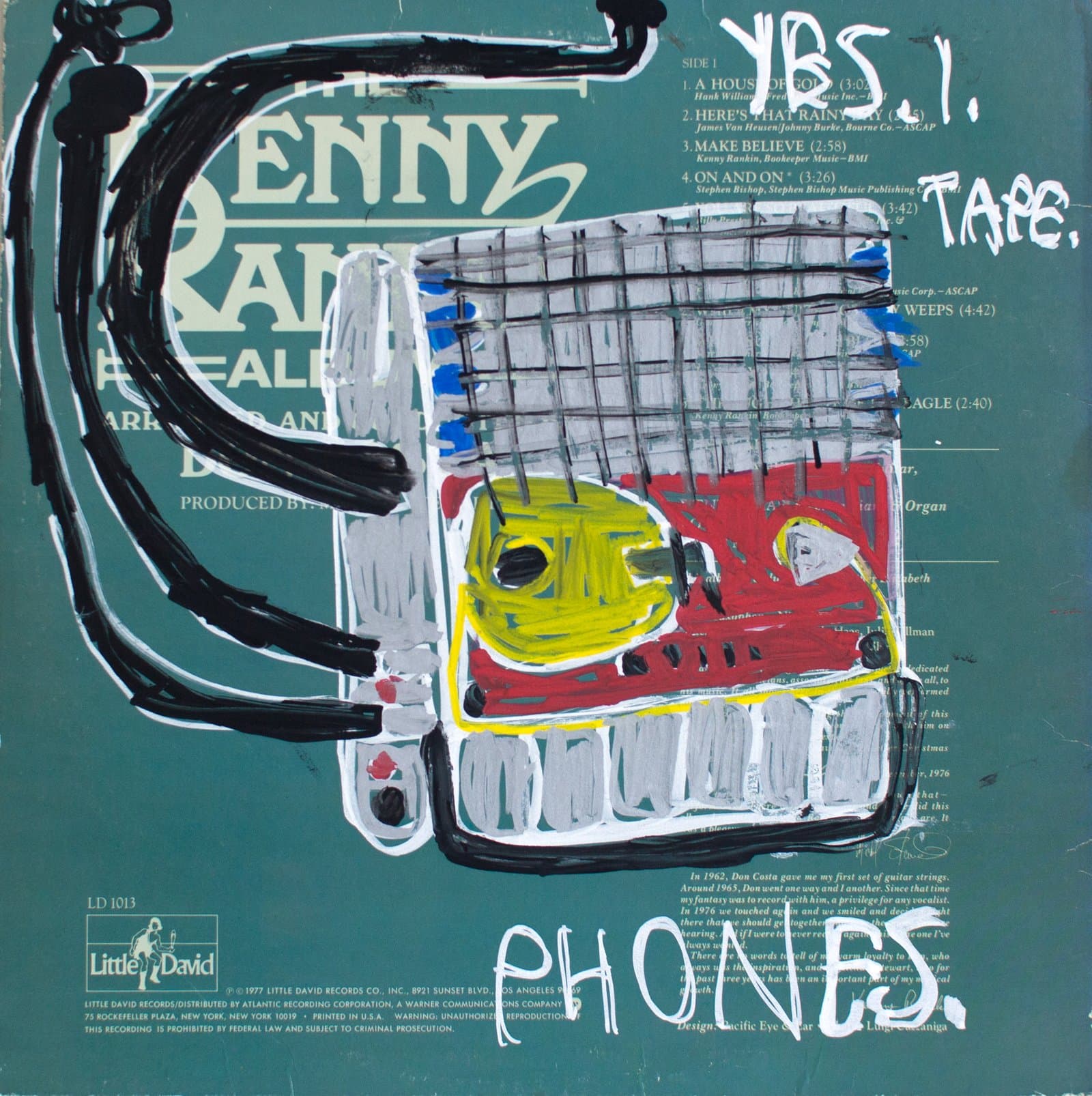 Mixed media painting on vinyl record album cover depicting a cassette tape in red, yellow, and gray with black line work.