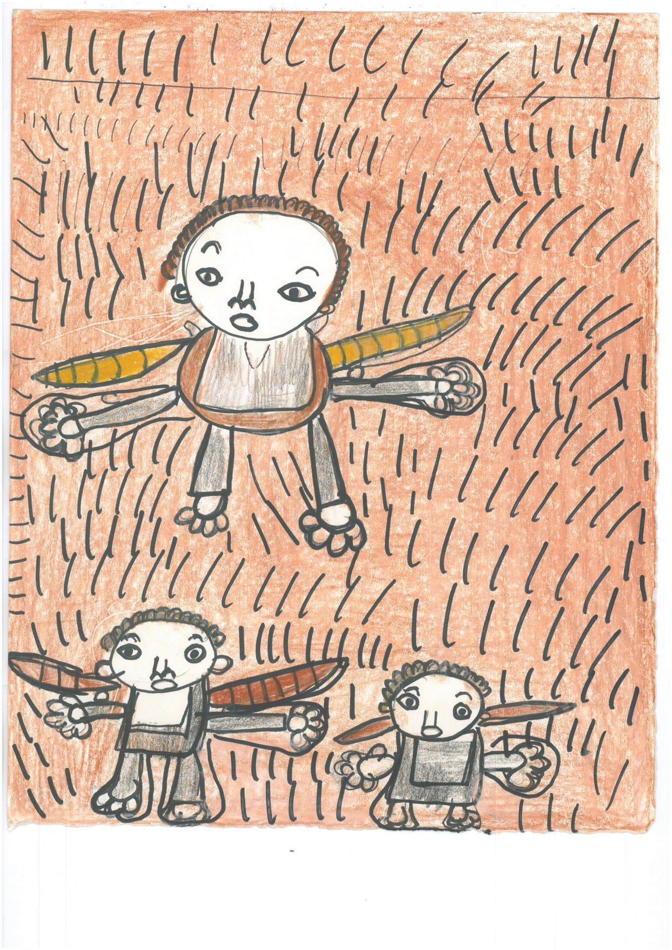 Drawing of three child-like figures with wings on orange textured background, mixed media on paper
