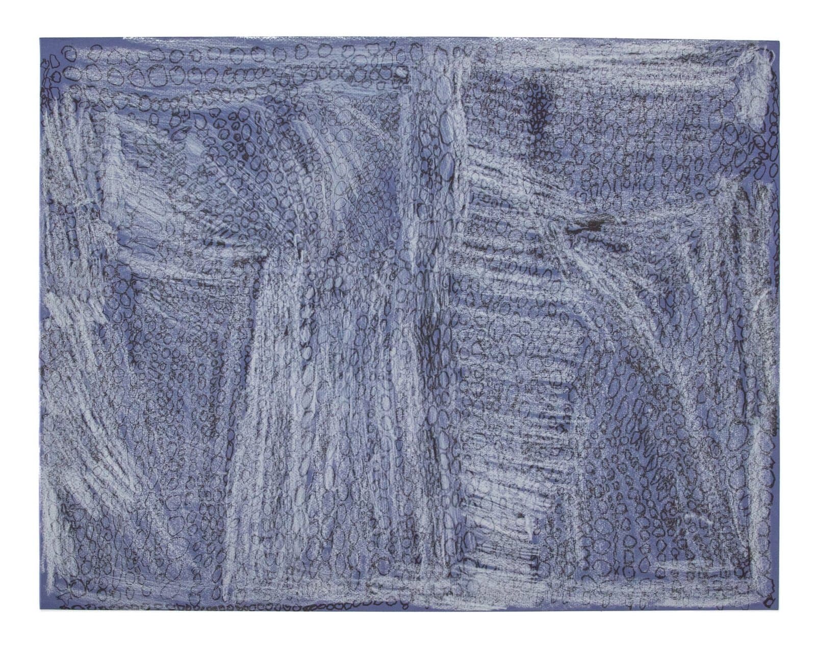 Abstract drawing in blue colored pencil with geometric patterns and radiating lines divided into rectangular sections.