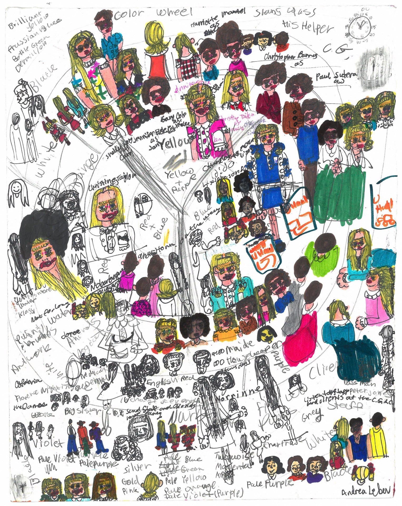 Dense drawing in ink and colored pencil showing dozens of small portrait figures and handwritten text covering entire paper