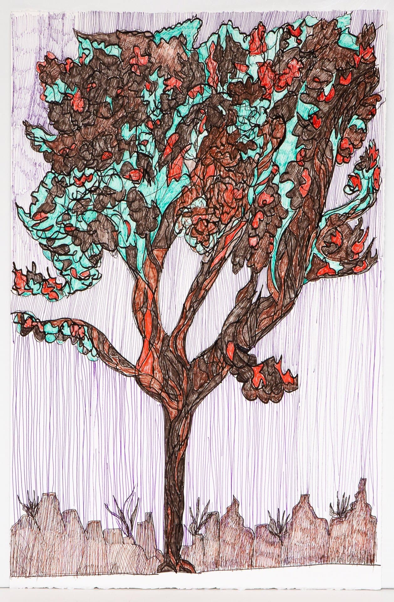 Pen drawing of a large tree with dense foliage in brown, turquoise, and red against a purple-hatched background on paper.